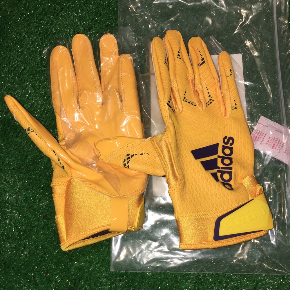 NEW NFL ADIDAS ADIZERO 8 WR FOOTBALL GLOVES LARGE GOLD / PURPLE